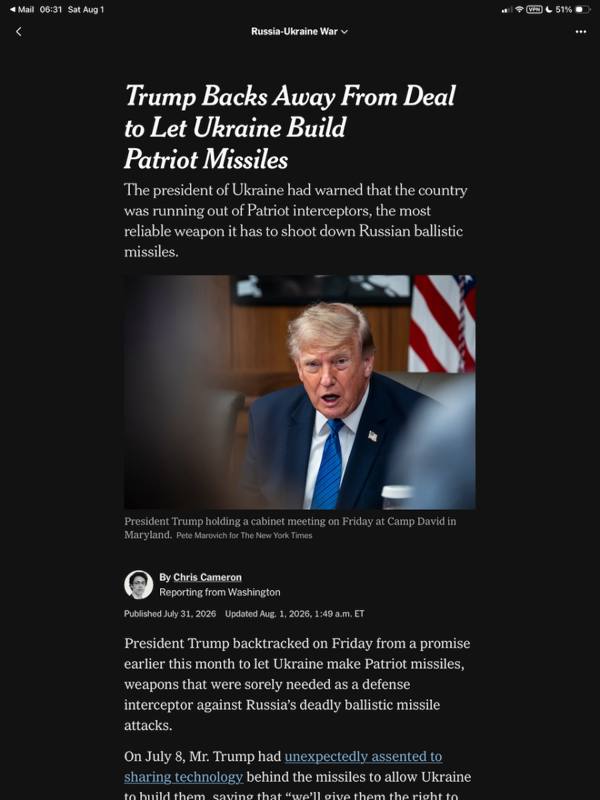 Screen shot of NYTimes article "Trump Backs Away From Deal to Let Ukraine Build Patriot Missiles"